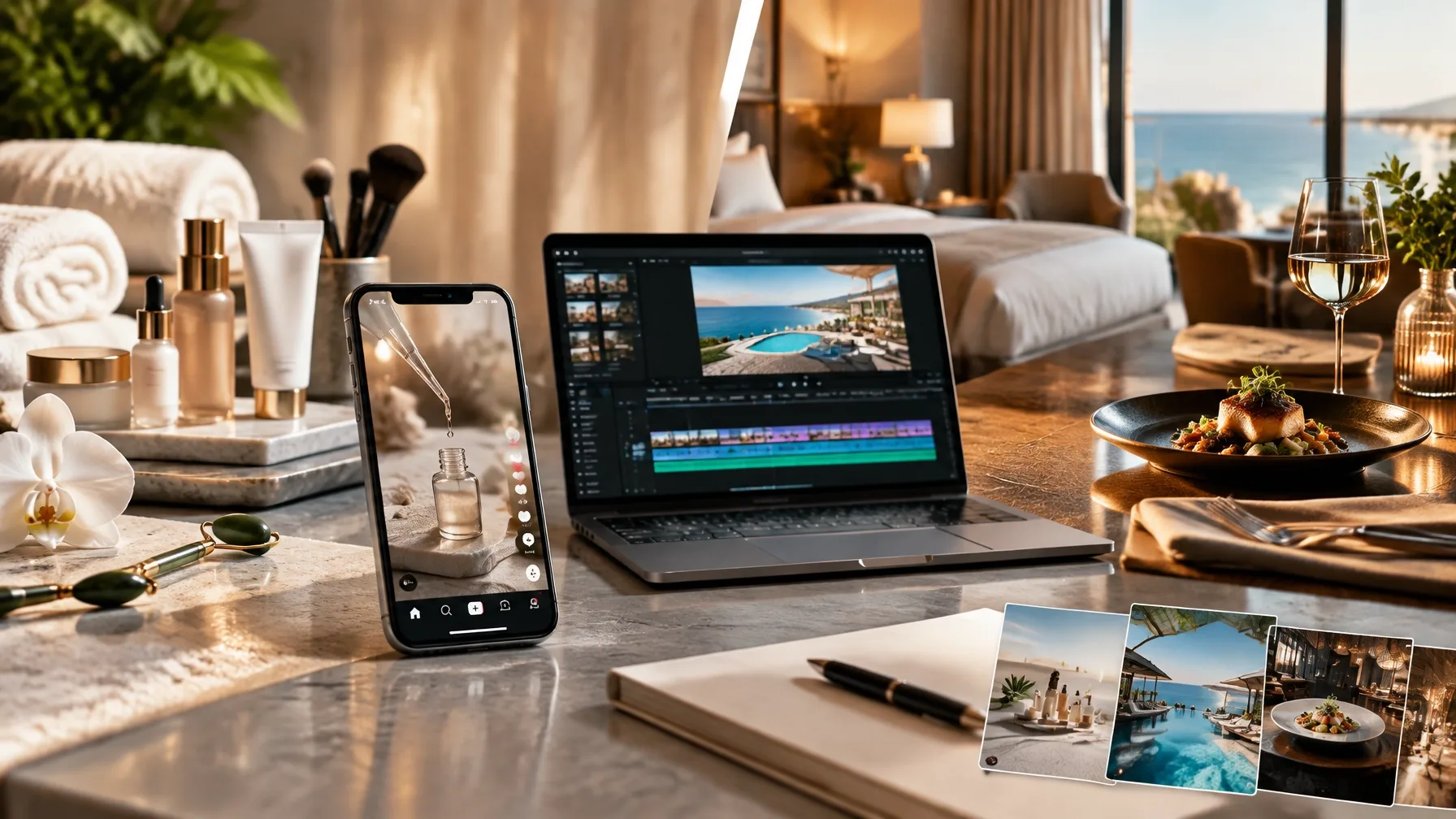 Beauty products, a hotel room, and a restaurant setting arranged around a phone and video editing laptop